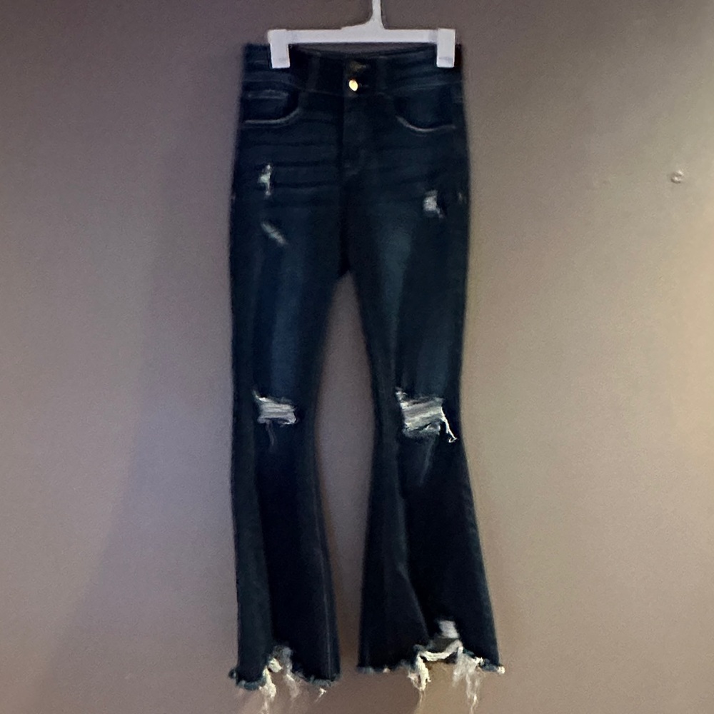 Stylish Dark Distressed Flare Jeans
